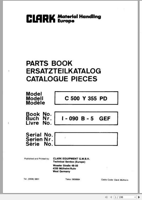 Clark Forklift C 500 Y 355 PD Parts Manual I 090 B 5 GEF EN DE FR