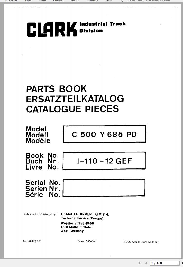 Clark Forklift C 500 Y 685 PD Parts Manual I 110 12 GEF EN DE FR