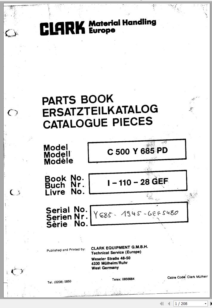 Clark Forklift C 500 Y 685 PD Y685 1945 6EF5480 Parts Manual I 100 28 GEF 02.2012 EN DE FR