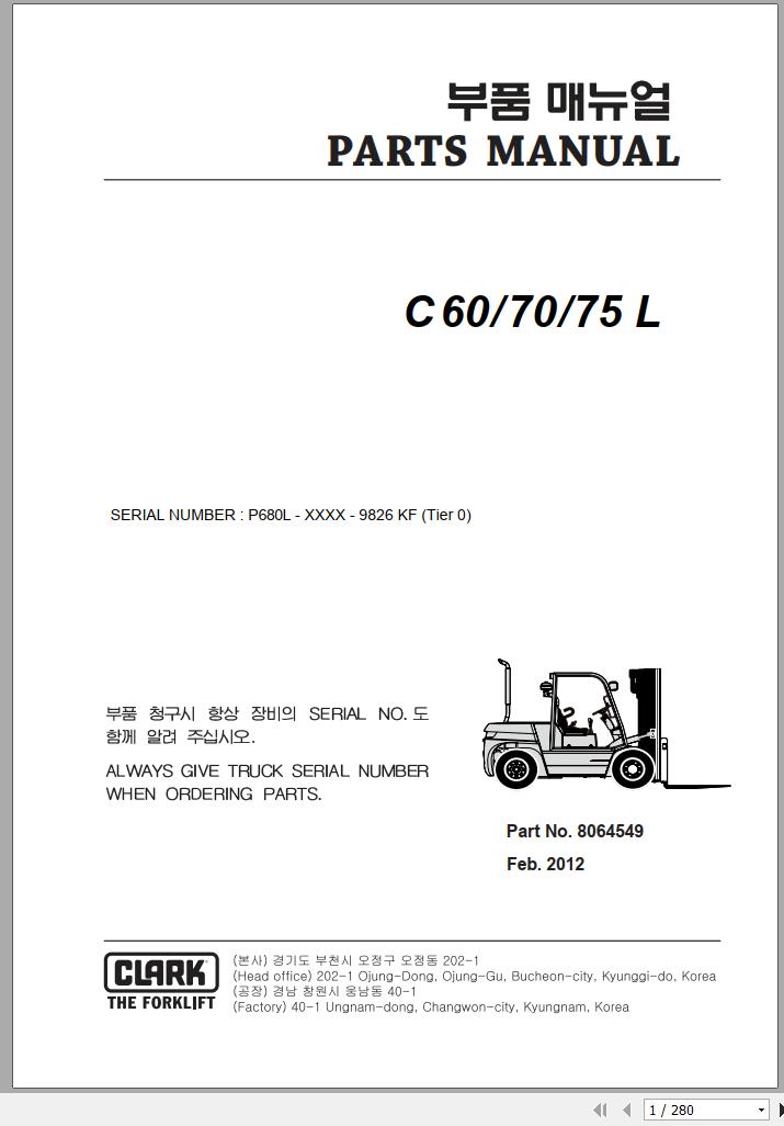 Clark Forklift C 60 70 75 L P680L 9826 KF Parts Manual 8064549 02.2012 EN KR