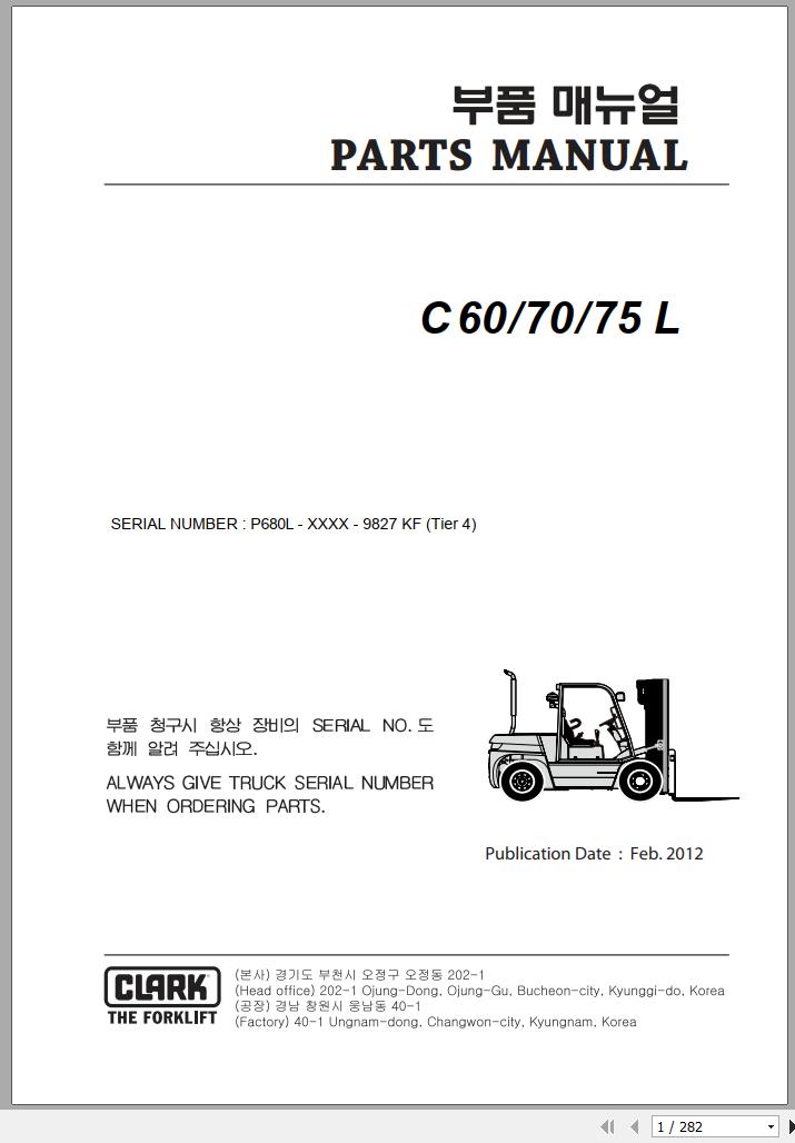 Clark Forklift C 60 70 75 L P680L 9827 KF Parts Manual 02.2012 EN KR
