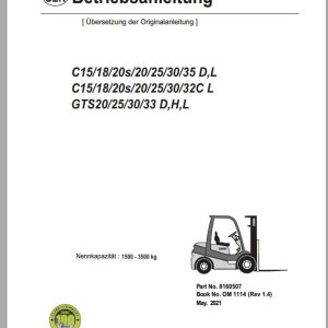 Clark Forklift C15 C32 D L C GTS20 GTS33 D H L Operator Manual 8160507 OM 1114 05.2021 DE
