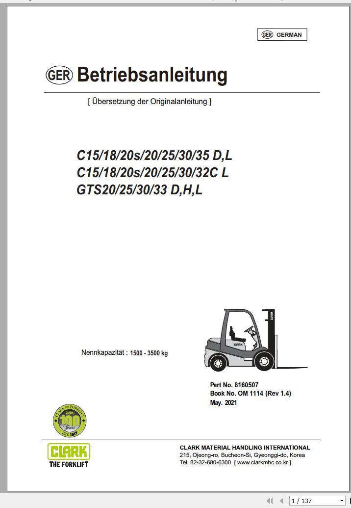 Clark Forklift C15 C32 D L C GTS20 GTS33 D H L Operator Manual 8160507 OM 1114 05.2021 DE