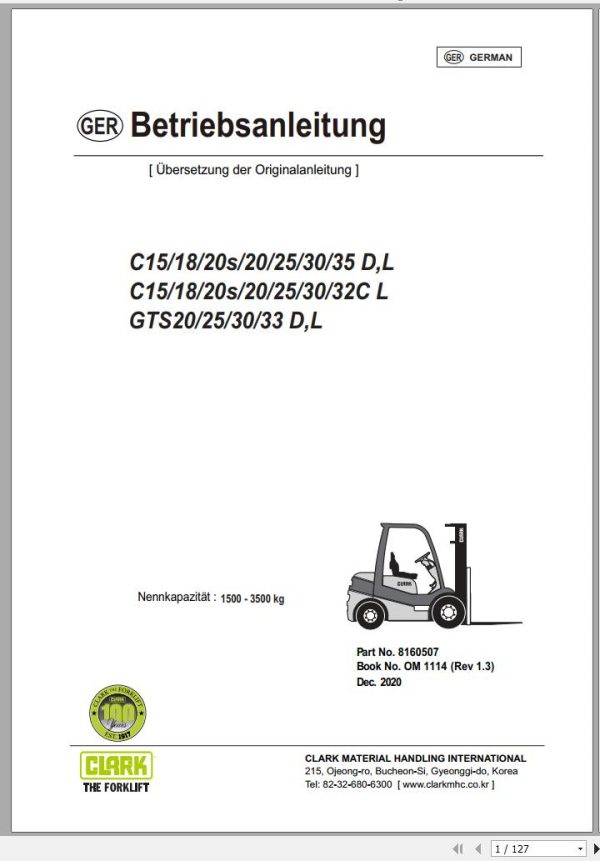 Clark Forklift C15 C32 D L C GTS20 GTS33 D L Operator Manual 8160507 OM 1114 12.2020 DE