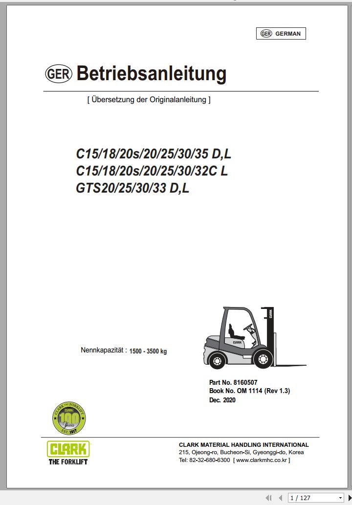 Clark Forklift C15 C32 D L C GTS20 GTS33 D L Operator Manual 8160507 OM 1114 12.2020 DE