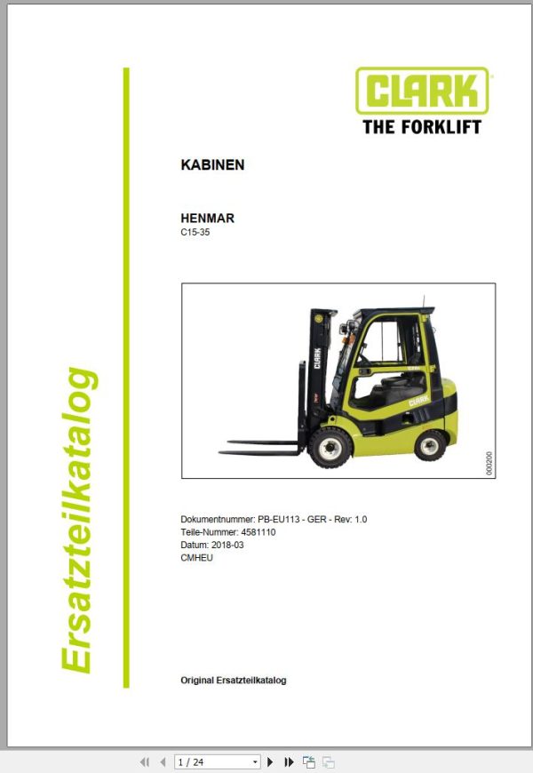 Clark Forklift C15 C35 Cabin Parts Manual 4581110 PB EU113 03.2018 DE