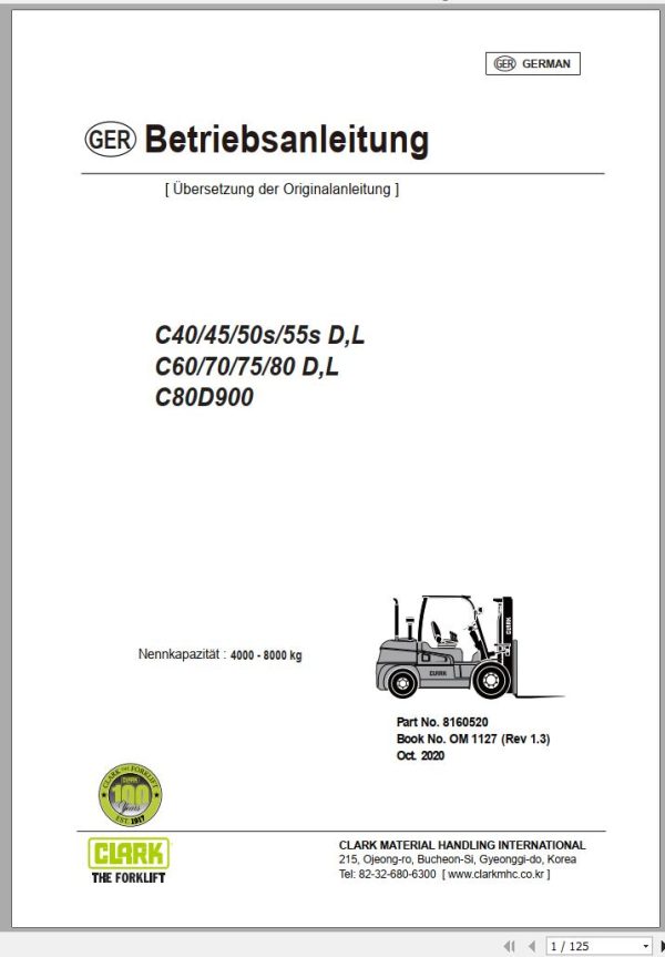 Clark Forklift C40 C80 D L C80D900 Operator Manual 8160520 OM 1127 10.2020 DE