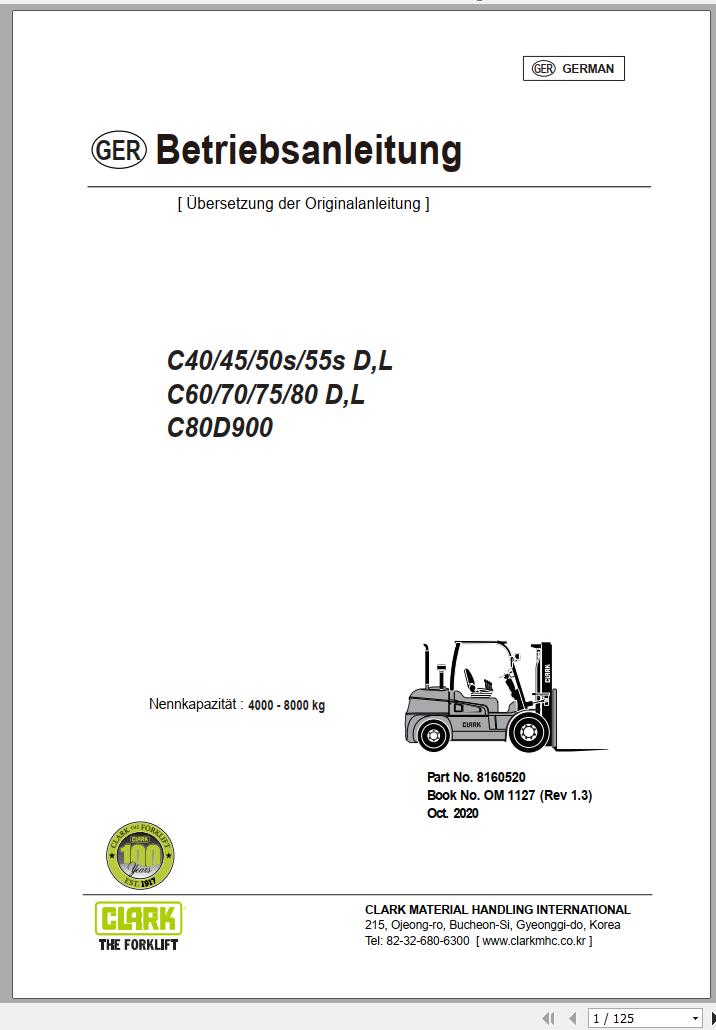 Clark Forklift C40 C80 D L C80D900 Operator Manual 8160520 OM 1127 10.2020 DE