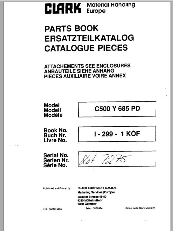 Clark Forklift C500 Y 685 PD Parts Manual I 299 1 KOF EN DE FR