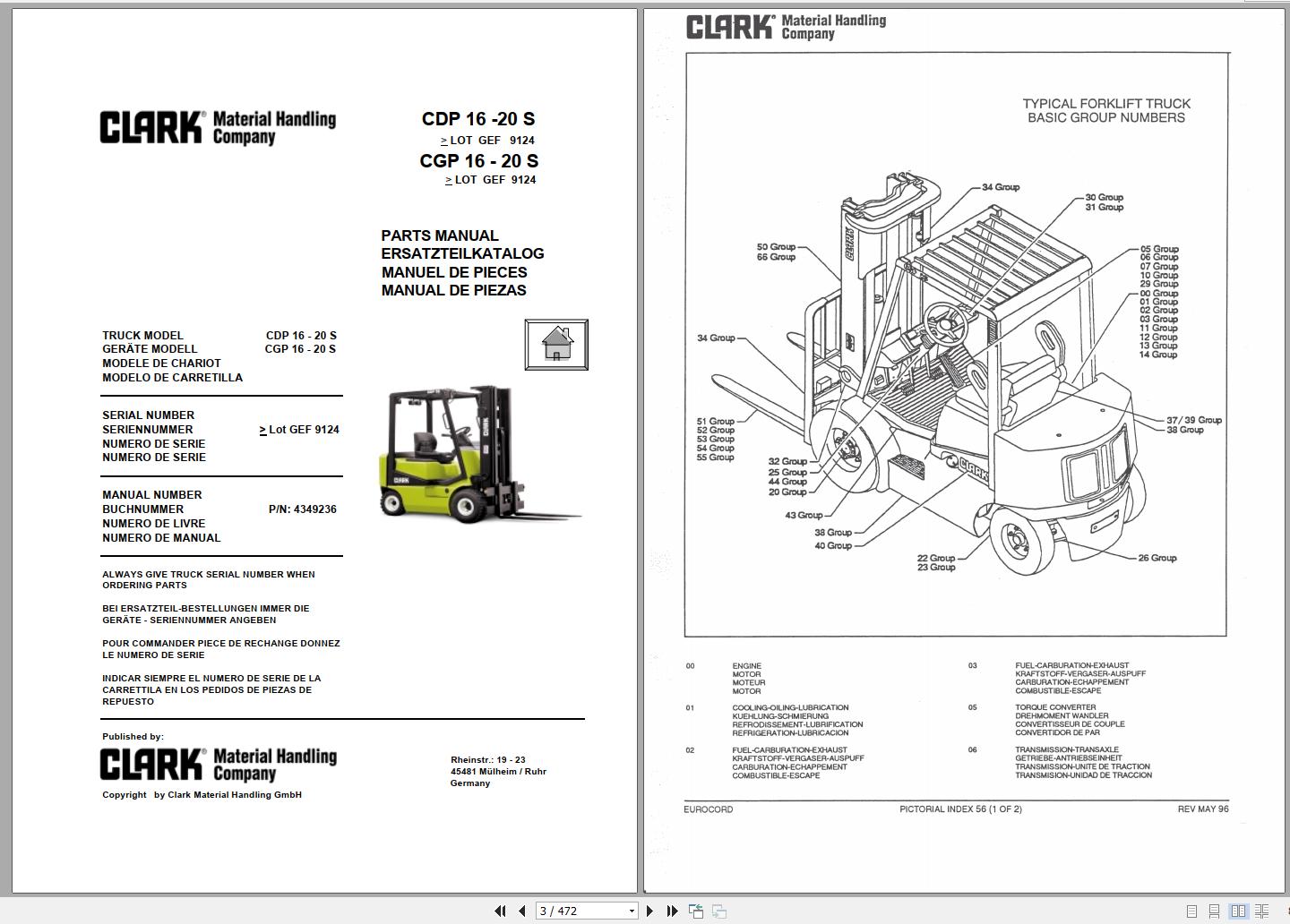 Clark Forklift CDP CGP 16 20 S 9124 Parts Manual 4349236 EN DE ES FR