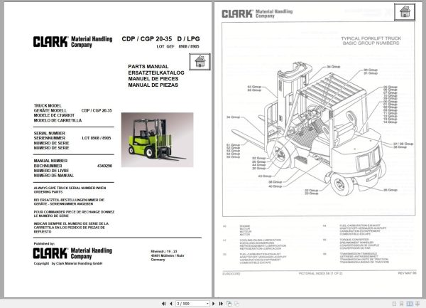 Clark Forklift CDP CGP 20 35 D LPG 8908 8905 Parts Manual 4340290 EN DE ES FR