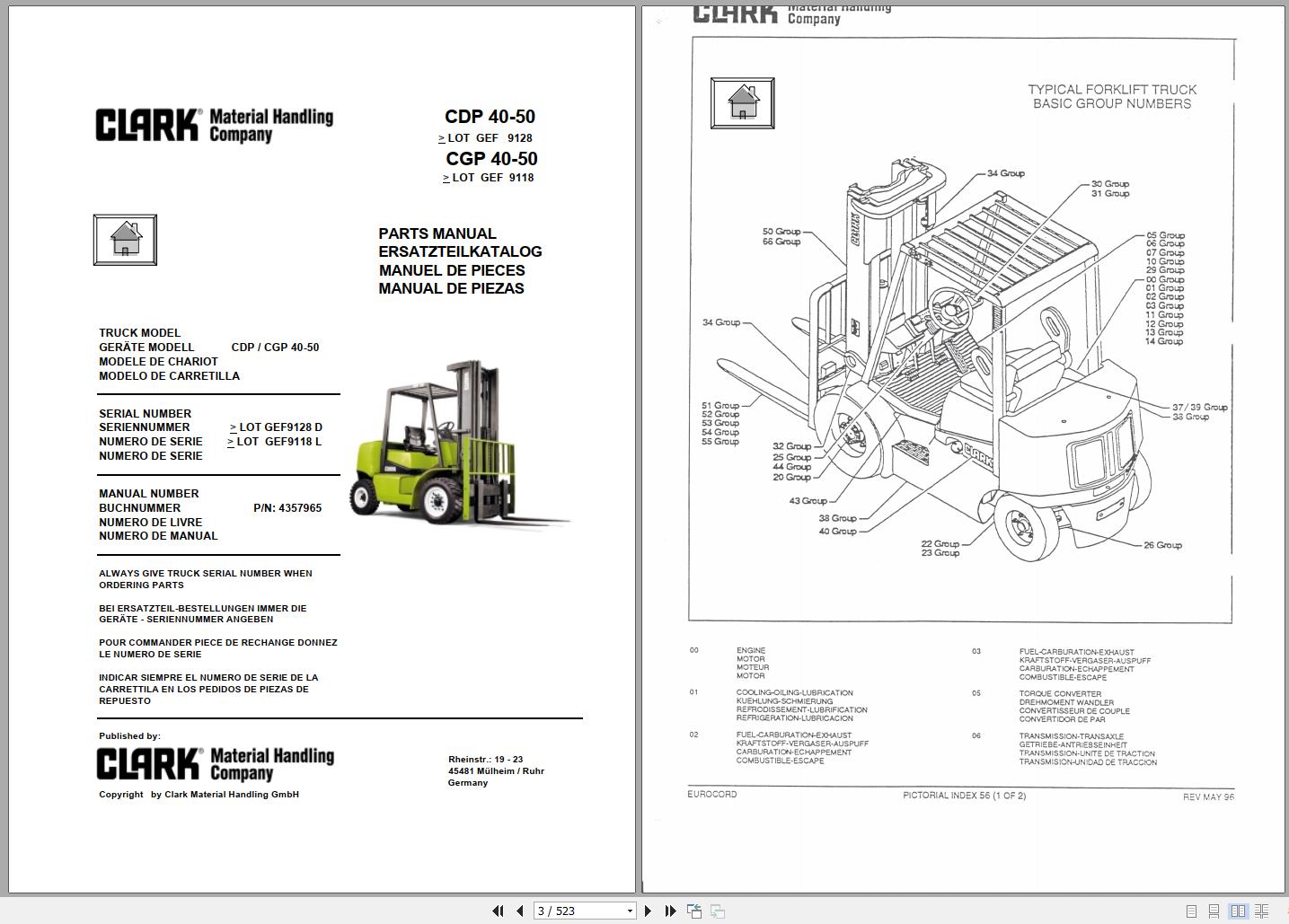 Clark Forklift CDP CGP 40 50 9128 9118 Parts Manual 4357965 EN DE ES FR