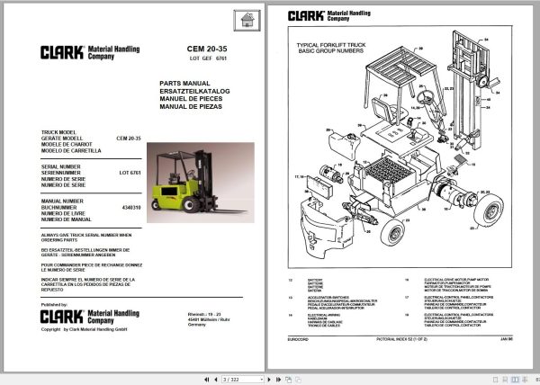Clark Forklift CEM 20 35 6761 Parts Manual 4340310 EN DE ES FR