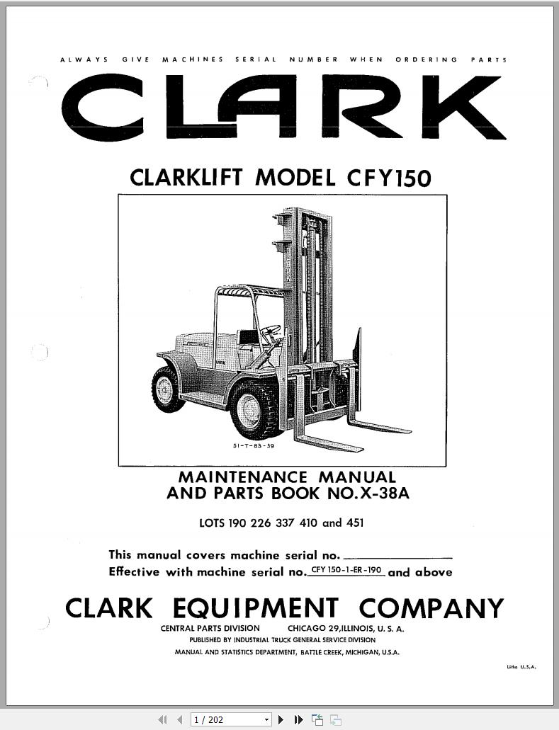 Clark Forklift CFY 150 Lots 190 226 337 410 451 Maintenance and Parts Manual