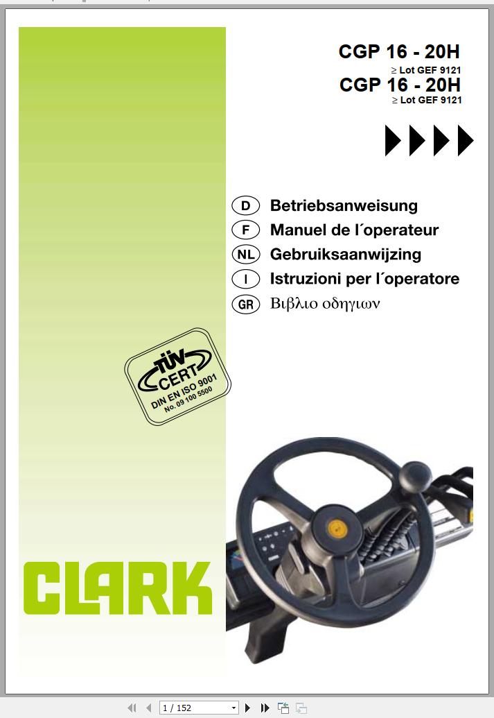 Clark Forklift CGP 16 20H GEF 9121 Operator Manual 4349247 OI 780 GEF 10.2000 DE NL FR IT GR