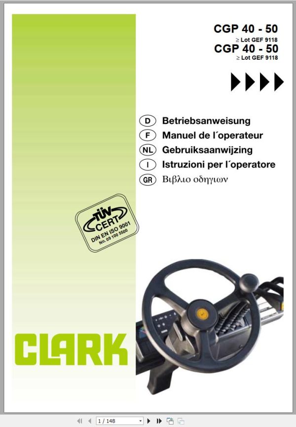 Clark Forklift CGP 40 50 GEF 9118 Operator Manual 4340321 OI 766 GEF 08.2000 DE FR NL IT GR