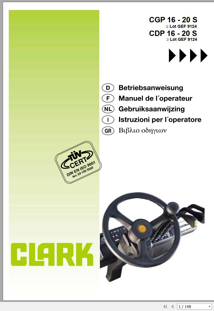 Clark Forklift CGP CDP 16 20S GEF 9124 Operator Manual 4349237 OI 779 GEF 10.2000 DE FR NL IT GR