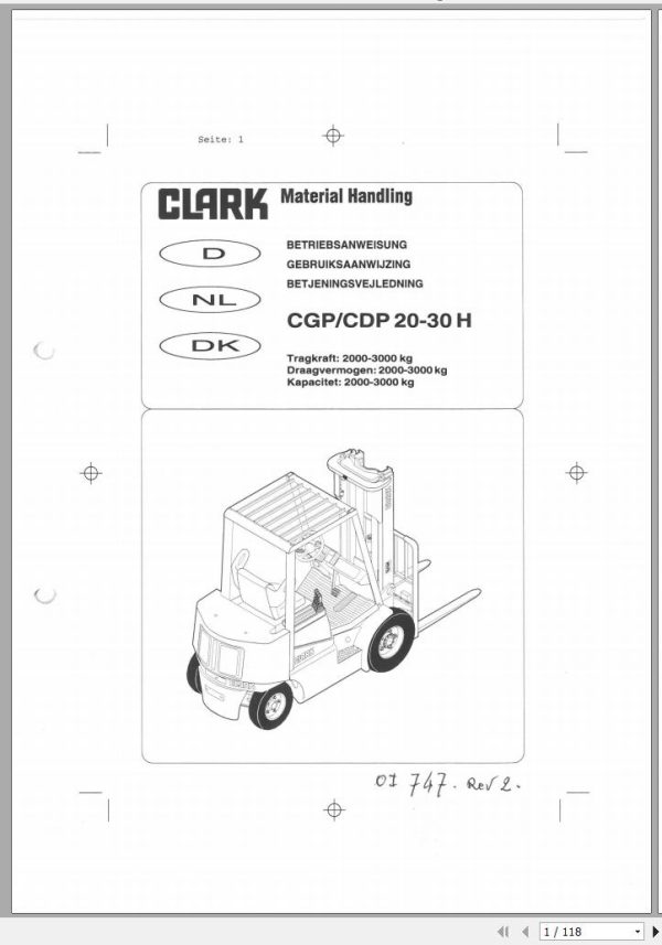 Clark Forklift CGP CDP 20 30 H 8895 Operator Manual OI 747 GEF DE NL DK