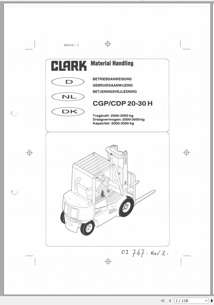 Clark Forklift CGP CDP 20 30 H 8895 Operator Manual OI 747 GEF DE NL DK