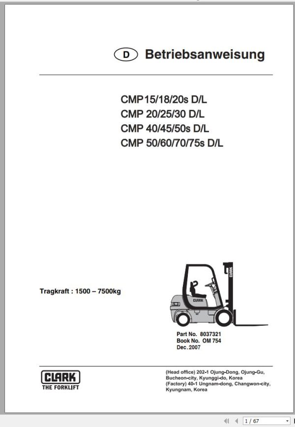 Clark Forklift CMP 15 75s D L Operator Manual 8037321 OM 754 12.2007 DE