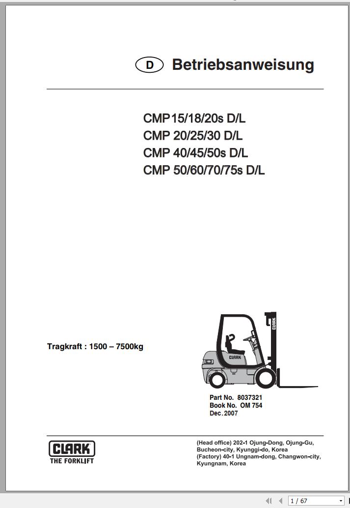 Clark Forklift CMP 15 75s D L Operator Manual 8037321 OM 754 12.2007 DE