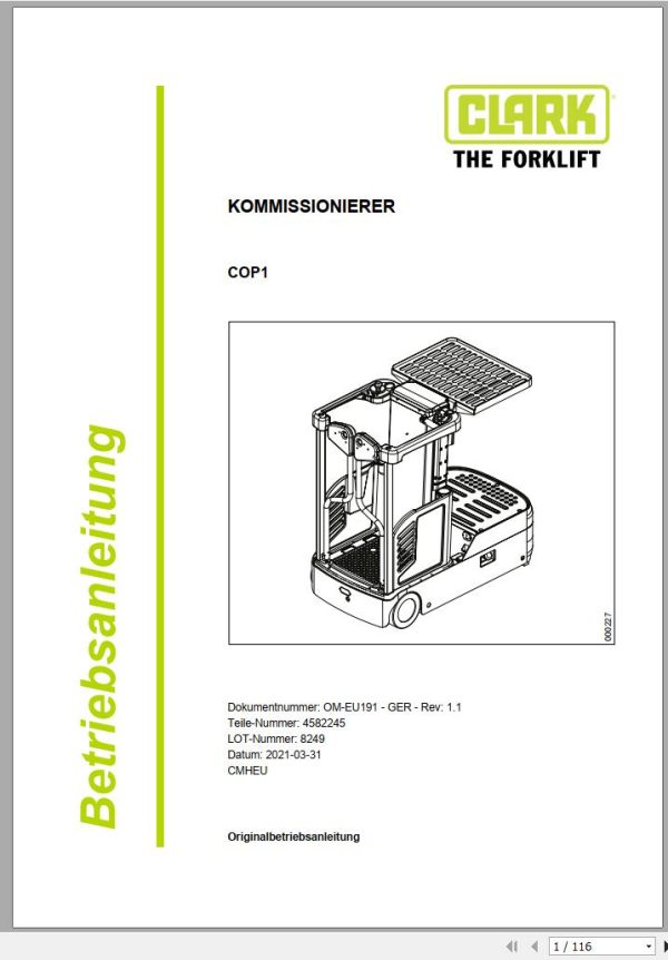 Clark Forklift COP1 8249 Operator Manual 4582245 OM EU191 03.2021 DE