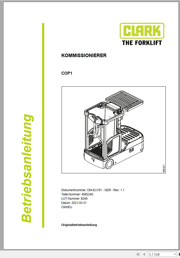 Clark Forklift COP1 8249 Operator Manual 4582245 OM EU191 03.2021 DE