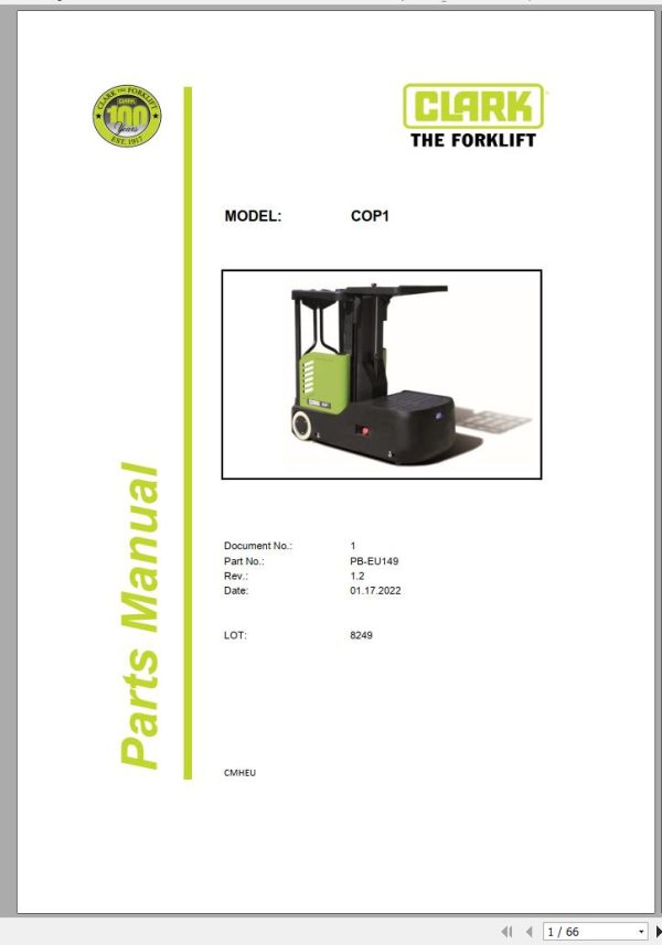 Clark Forklift COP1 8249 Parts Manual PB EU149 01.2022
