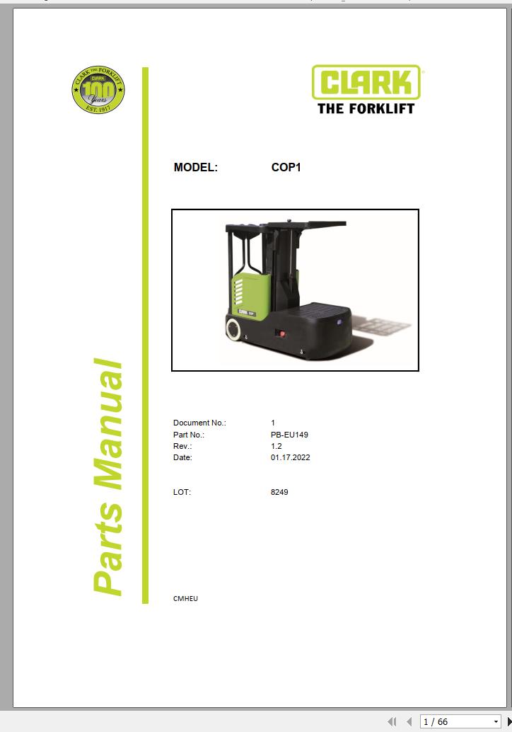 Clark Forklift COP1 8249 Parts Manual PB EU149 01.2022