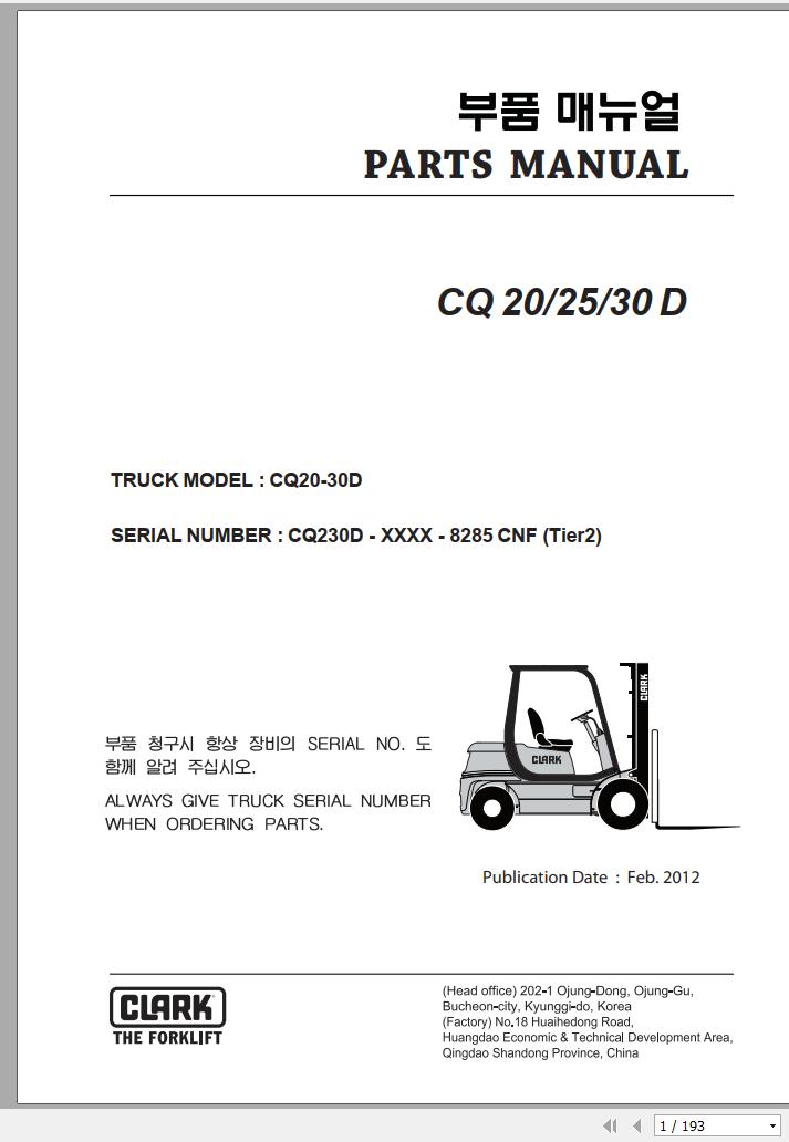 Clark Forklift CQ 20 25 30 D CQ230D 8285 CNF Parts Manual 02.2012 EN KR