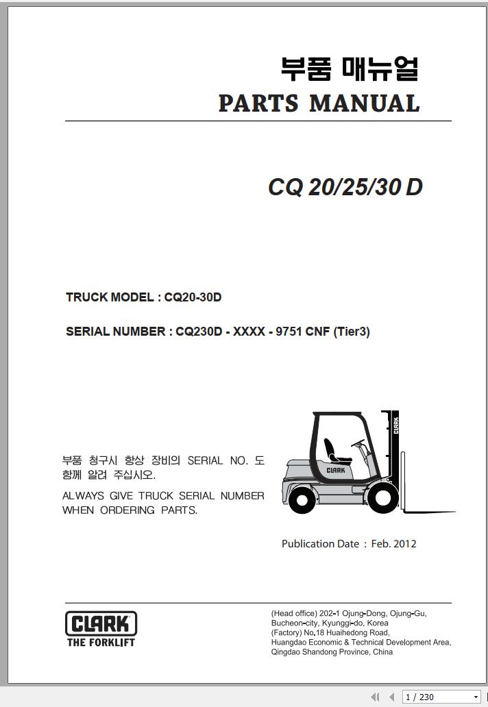 Clark Forklift CQ 20 25 30 D CQ230D 9751 CNF Parts Manual 02.2012 EN KR