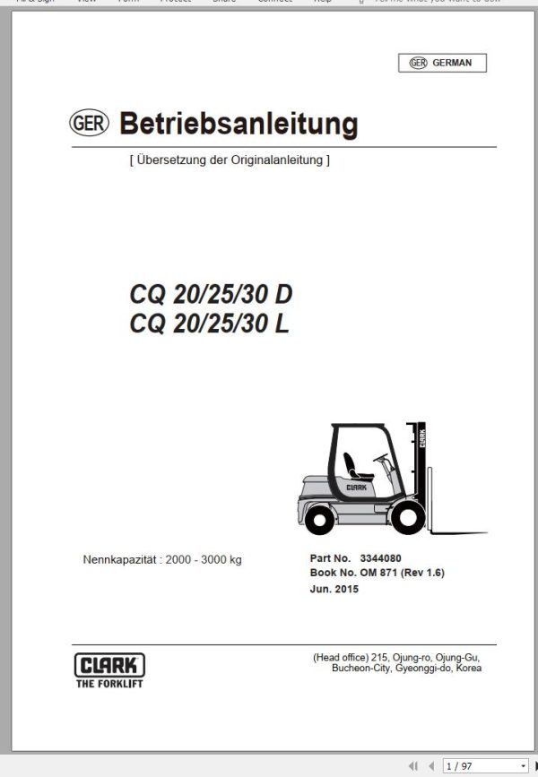 Clark Forklift CQ 20 25 30 D L Operator Manual 3344080 OM 871 06.2015 DE