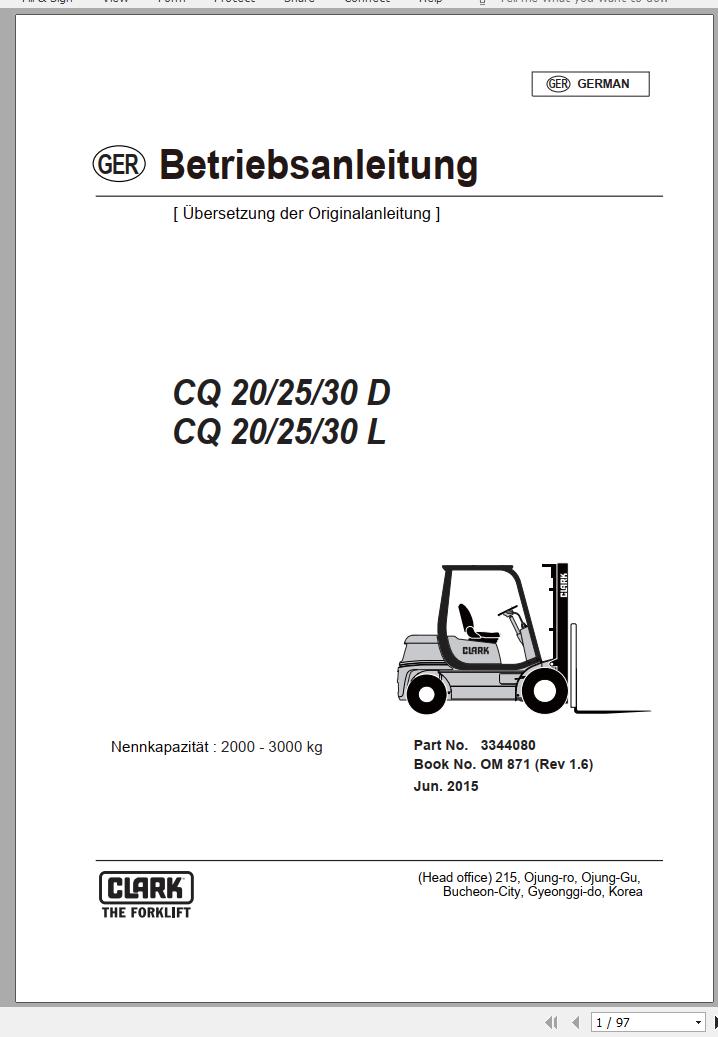 Clark Forklift CQ 20 25 30 D L Operator Manual 3344080 OM 871 06.2015 DE