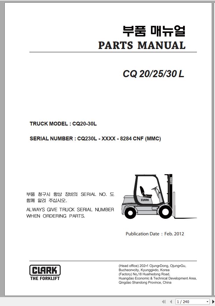 Clark Forklift CQ 20 25 30 L CQ230L 8284 CNF Parts Manual 02.2012 EN KR