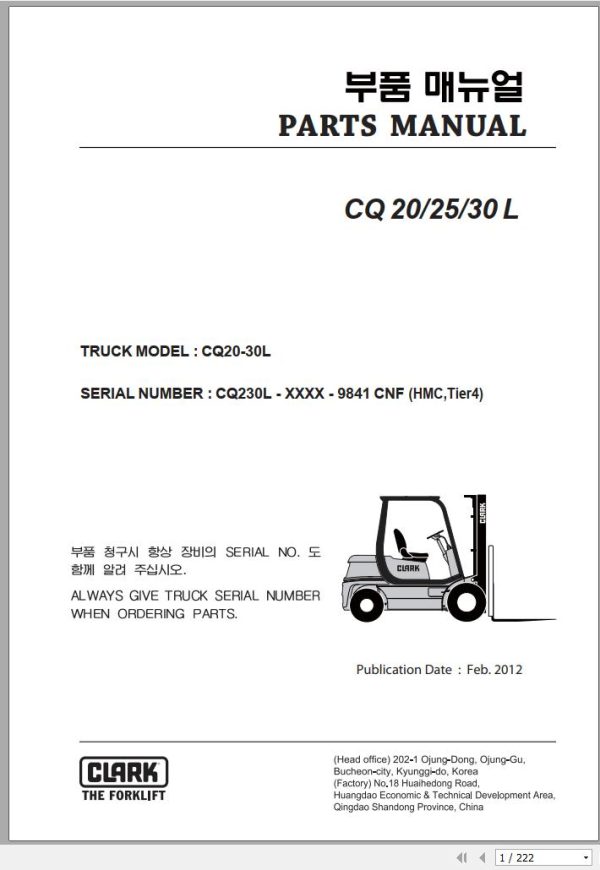 Clark Forklift CQ 20 25 30 L CQ230L 9841 CNF Parts Manual 02.2012 EN KR