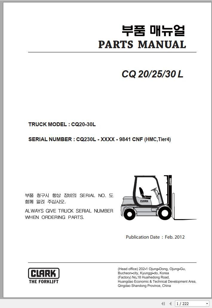 Clark Forklift CQ 20 25 30 L CQ230L 9841 CNF Parts Manual 02.2012 EN KR