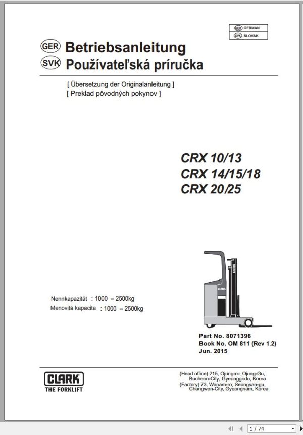 Clark Forklift CRX 10 25 Operator Manual 8071396 OM 811 06.2015 DE SK