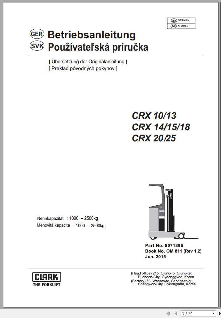 Clark Forklift CRX 10 25 Operator Manual 8071396 OM 811 06.2015 DE SK