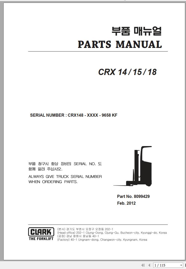 Clark Forklift CRX 14 15 18 CRX148 9658 KF Parts Manual 8099429 02.2012 EN KR