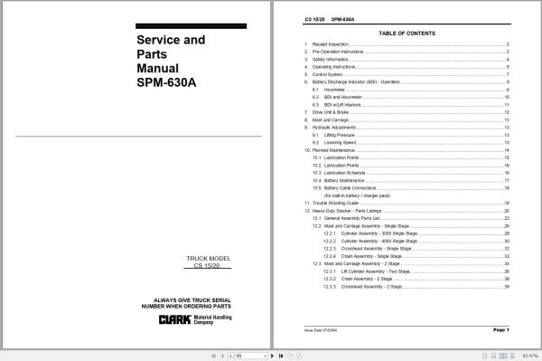 Clark Forklift CS 15 20 Service and Parts Manual SPM 630A 07.2004