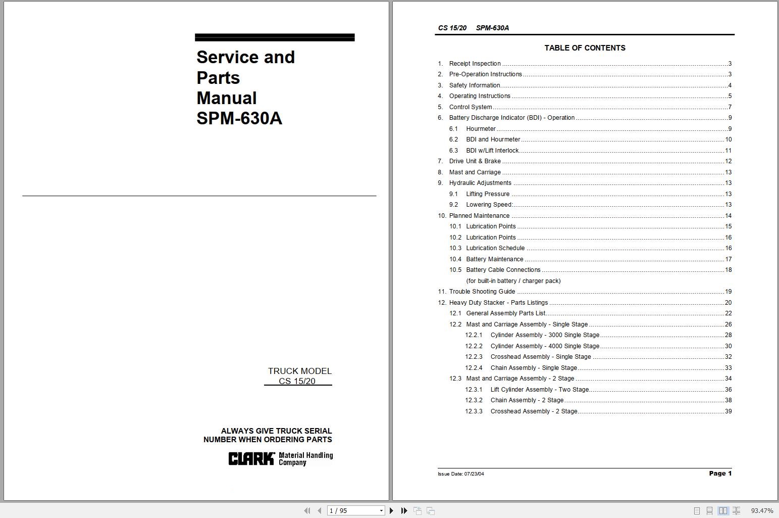 Clark Forklift CS 15 20 Service and Parts Manual SPM 630A 07.2004