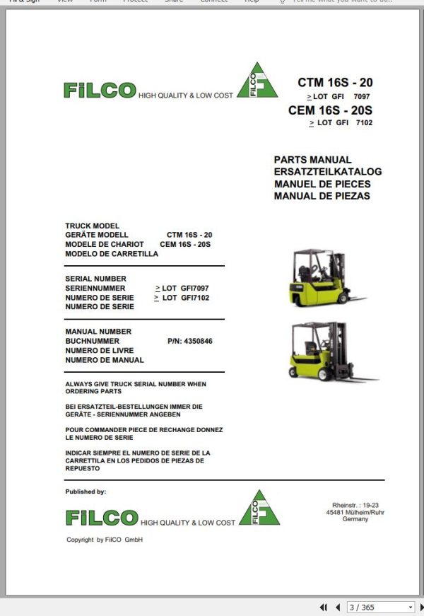 Clark Forklift CTM CEM 16S 20S GFI 7097 7102 Parts Manual 4350846 EN DE FR ES