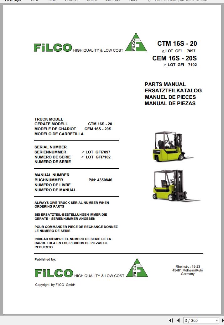 Clark Forklift CTM CEM 16S 20S GFI 7097 7102 Parts Manual 4350846 EN DE FR ES