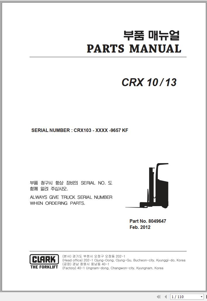 Clark Forklift CTX 10 13 CRX103 9657 KF Parts Manual 8049647 02.2012 EN KR
