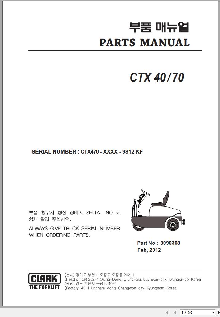 Clark Forklift CTX 40 70 CTX470 9812 KF Parts Manual 8090308 02.2012 EN KR