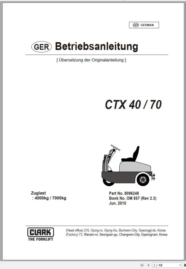 Clark Forklift CTX 40 70 Operator Manual 8096248 OM 857 06.2015 DE