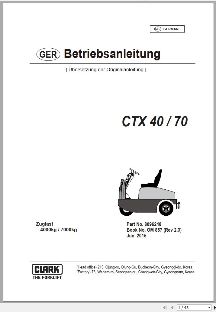 Clark Forklift CTX 40 70 Operator Manual 8096248 OM 857 06.2015 DE