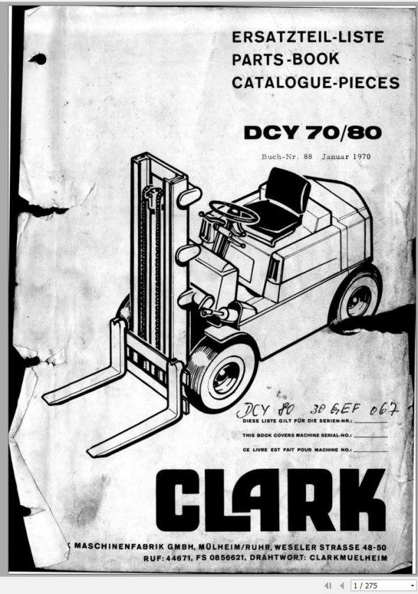 Clark Forklift DCY 70 80 GEF 067 Parts Manual EN DE FR