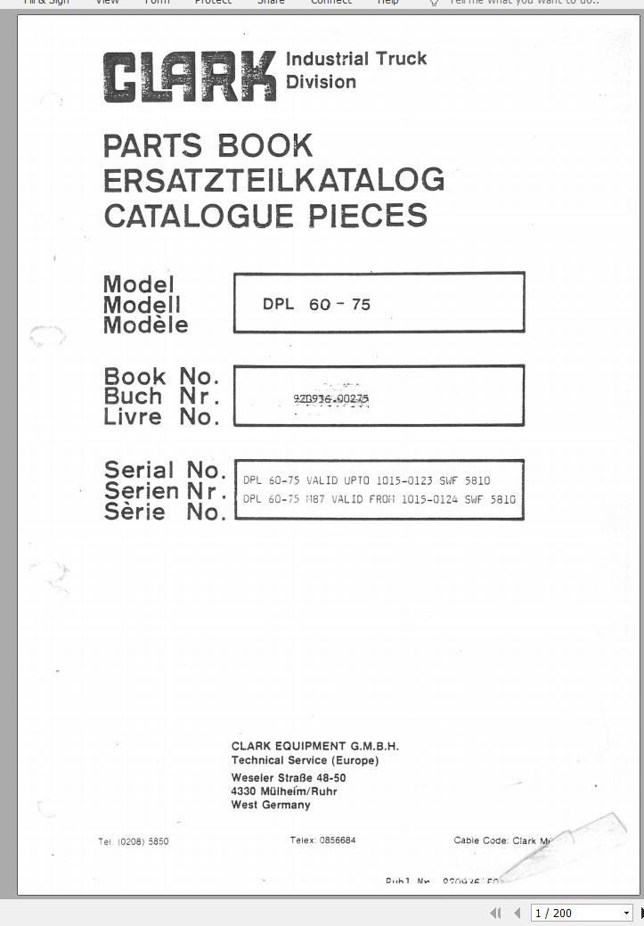 Clark Forklift DPL 60 75 LOT 5810 Parts Manual 920936 00275 EN DE FR