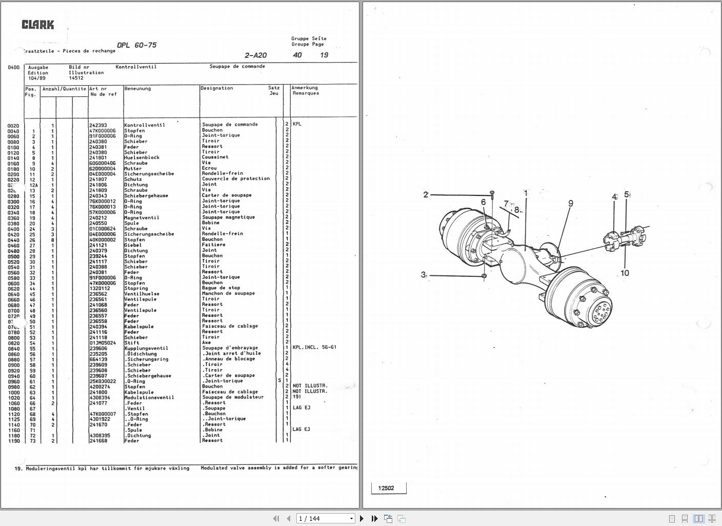 Clark Forklift DPL 60 75 LOT 5810 Parts Manual EN DE